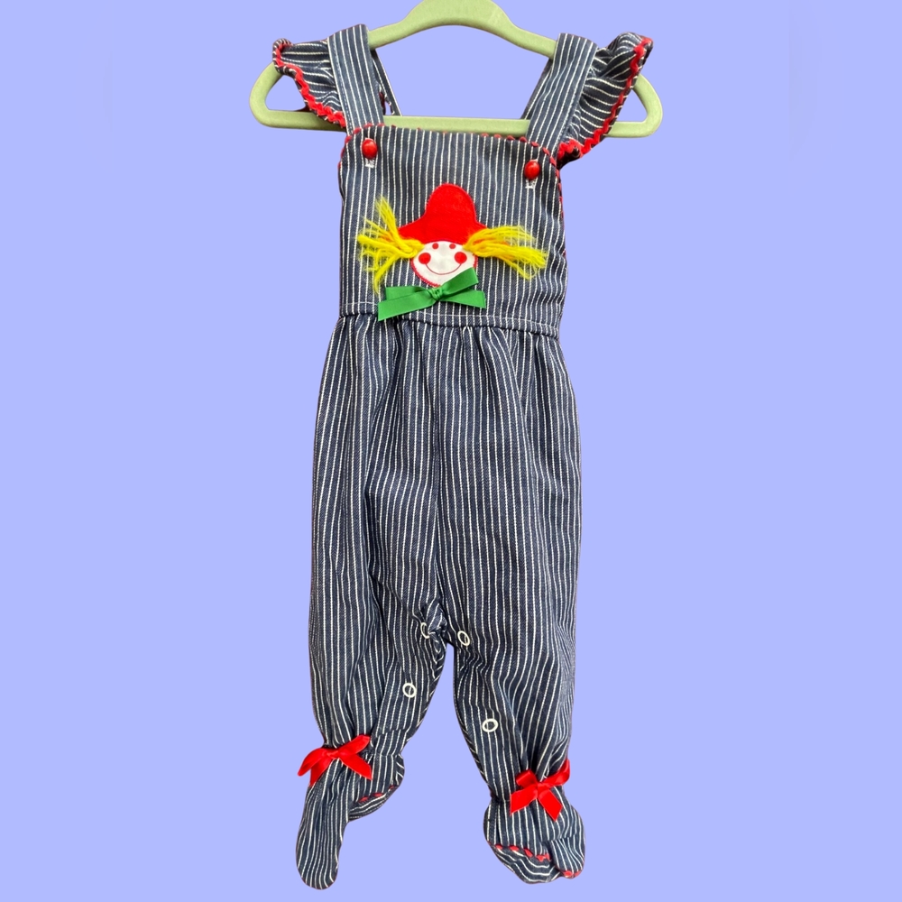 VINTAGE RETRO BABY SCARECROW FOOTIE ROMPER STRIPED OVERALLS SIZE 9 MONTHS